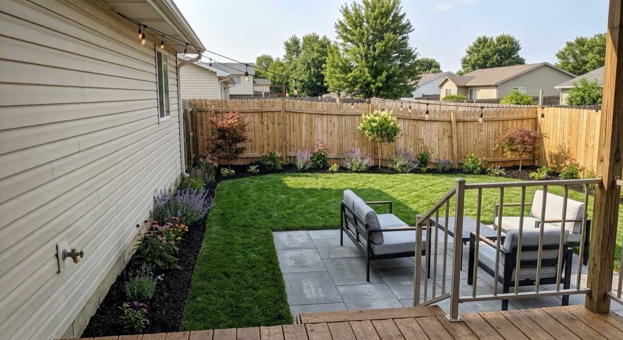 The same backyard rendered with a finished patio and landscaping