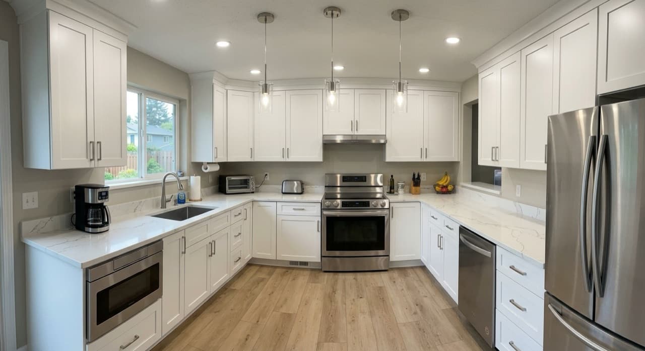 The same kitchen rendered as a completed modern remodel