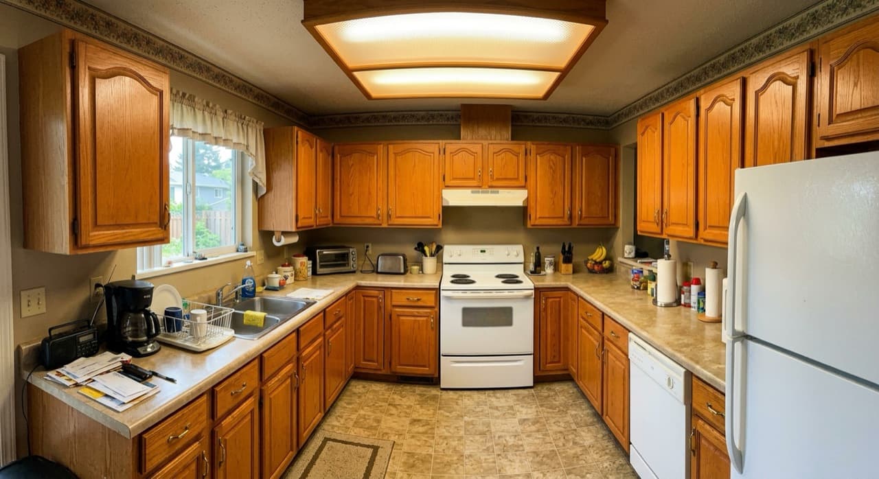Dated 1990s oak kitchen before remodel, photographed on a phone